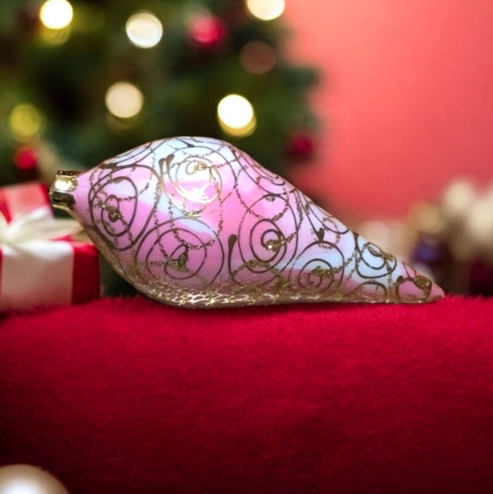 Hand blown glass Vintage ornament, tear Drop Shape pink white with gold